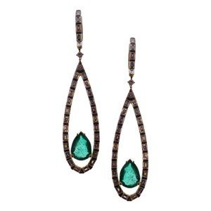 Green Emerald Drop 18K Yellow Gold Black Finish Earrings